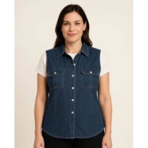 Cotton Ginny Sz L Denim Sleeveless Shirt Vest Casual Relax Fit